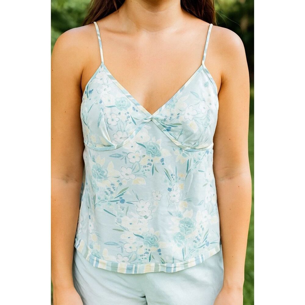 Ann Taylor LOFT Spaghetti Strap 90s Y2K 2000s Tank Top Blue Floral Size Large